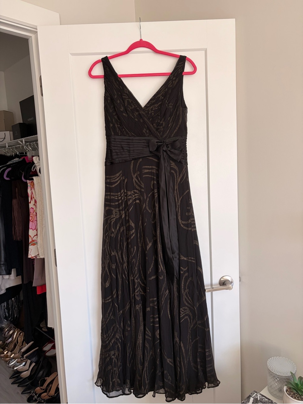 Tadashi Shoji Black Maxi Dress with Gold Metallic Swirl
